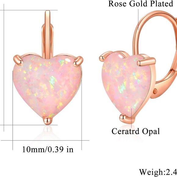 Heart Opal Earrings Leverback Drop Jewelry for Sensitive Ears Fashion Gift - Picture 3 of 8